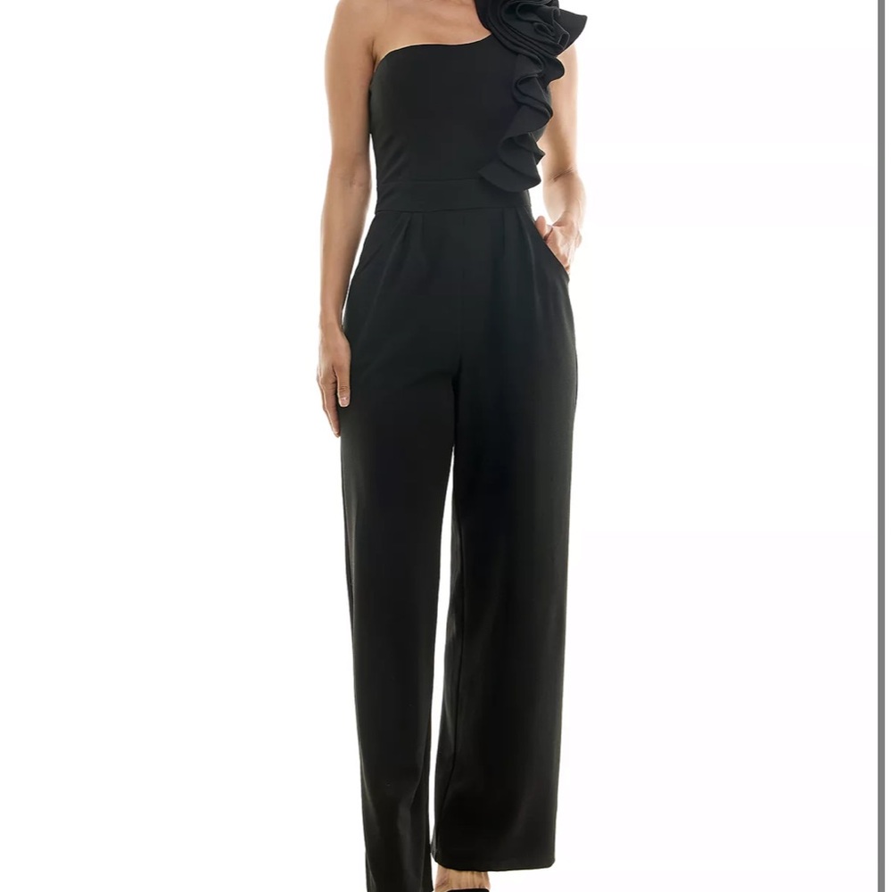 Emerald Sundae Black One-Shoulder Ruffle Wide-Leg Jumpsuit